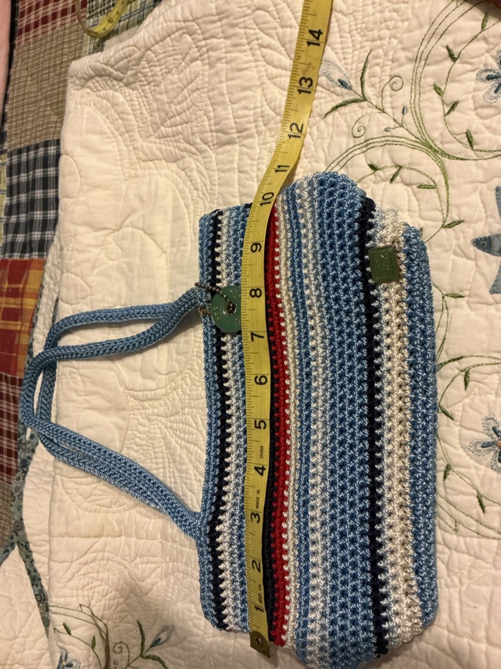 The Sak Crochet Stripe Shoulder Bag in Light Blue, Navy, Red, Cream - Picture 10 of 11